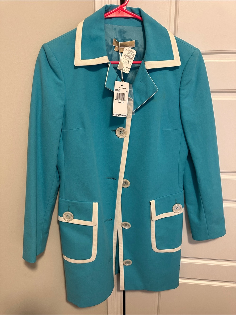 Michael Kors Teal Coat with White Contrast Trim